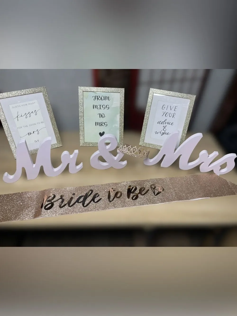 Bride To Be Bundle - Sash, 2 Veils, Crown, 3 Framed Games, Wooden Mr. & Mrs.
